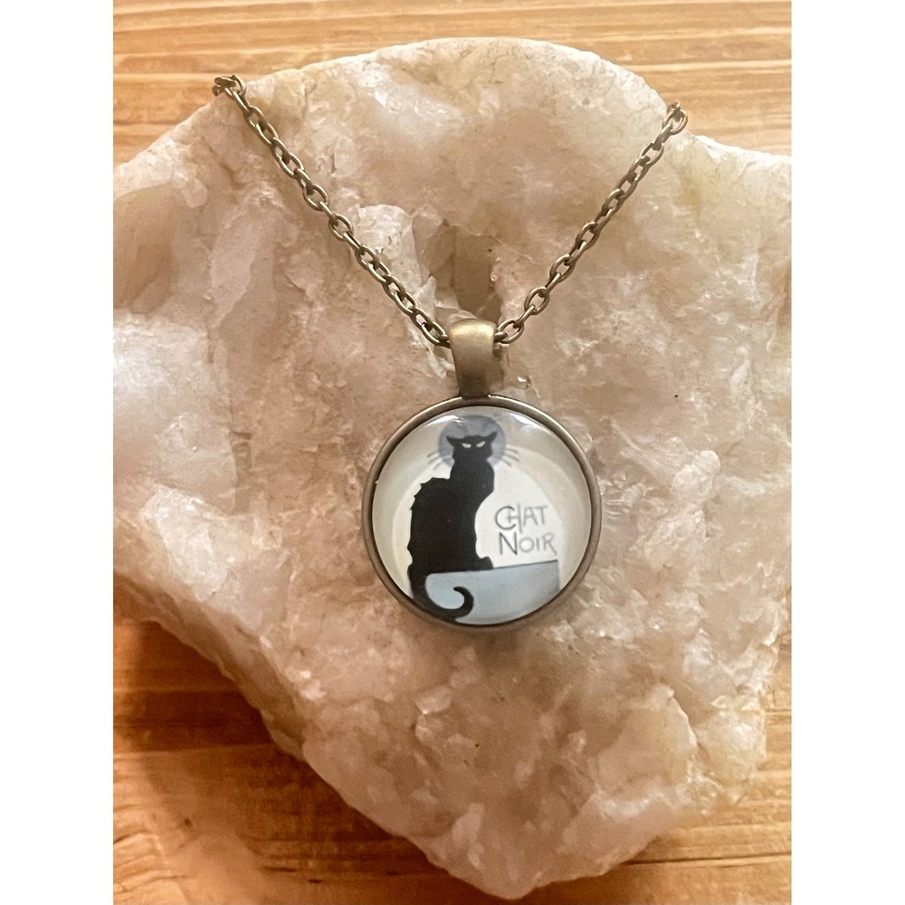 Chat Noir Glass Pendant Necklace Vintage Style Black Cat Cabaret Charm Jewelry